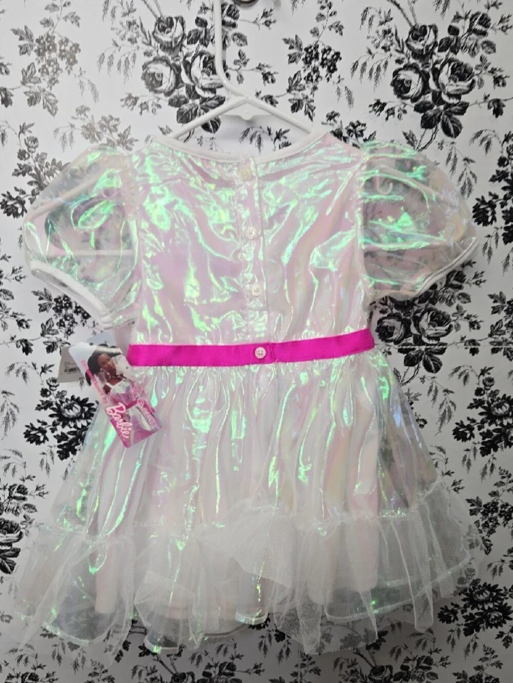Barbie Iridescent White and Pink Tulle Dress with Hot Pink Sash